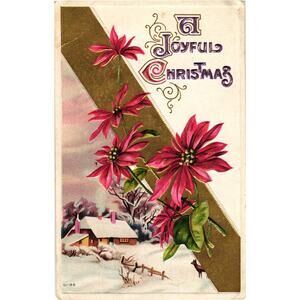A Joyful Christmas Postcard Antique Embossed‎ Poinsettia Farmhouse Unposted